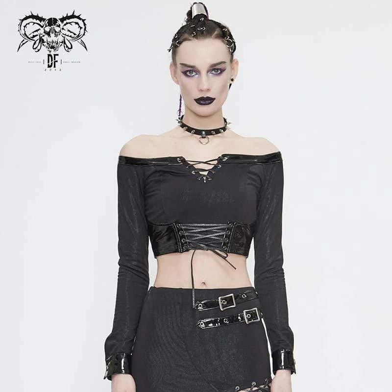 Women's Gothic Off Shoulder Lace-up Faux Leather Detailed Crop Top