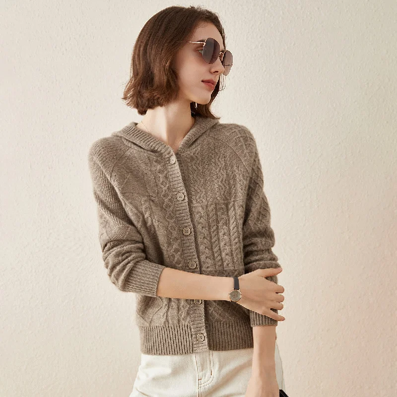 100% Cashmere Luxurious Cable Knit Hooded Cardigan