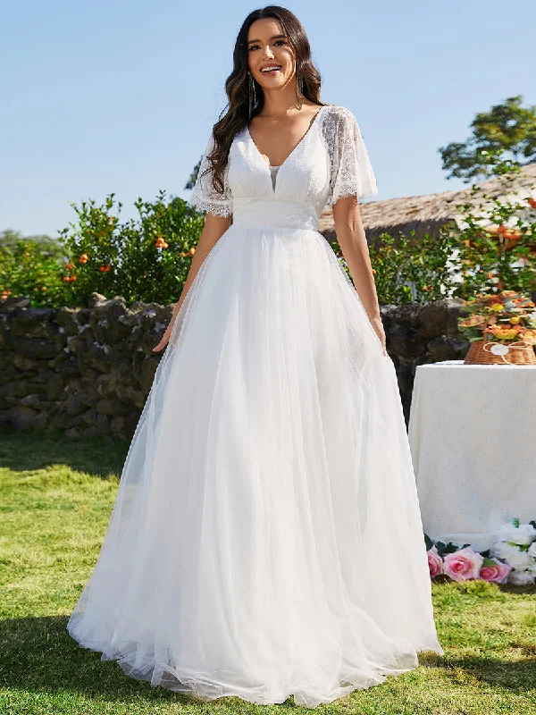 A-line V-Neck Lace Wholesale Wedding Dresses With Embroidery