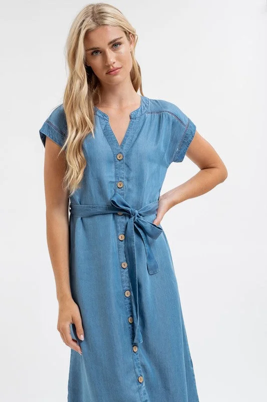 CHARLI CHAMBRAY BUTTON DOWN BELTED MIDI DRESS S-2XL