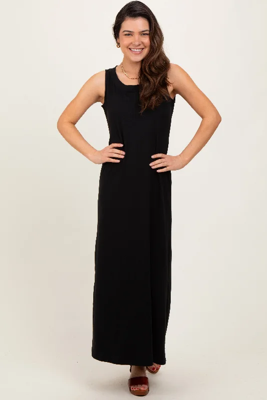 Black Sleeveless Flared Scoop Neck Maxi Dress