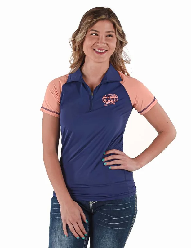 Cowgirl Tuff Womens Quarter Zip Cooling UPF Indigo/Coral Nylon S/S T-Shirt