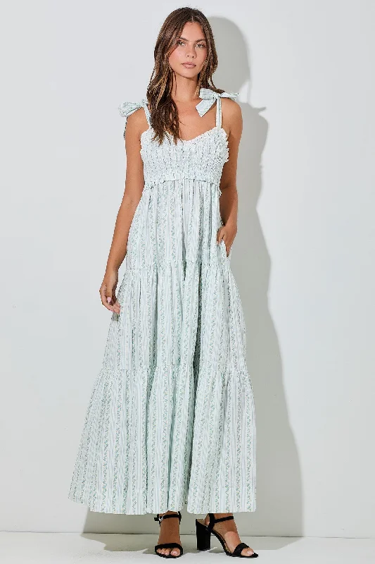 Blue Floral Striped Smocked Shoulder Tie Maxi Dress