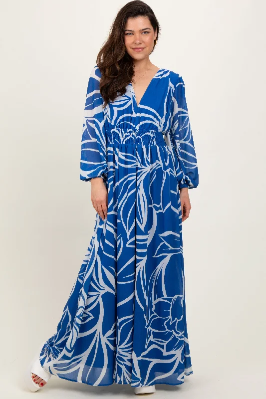 Navy Floral Smocked Waist Long Sleeve Maxi Dress