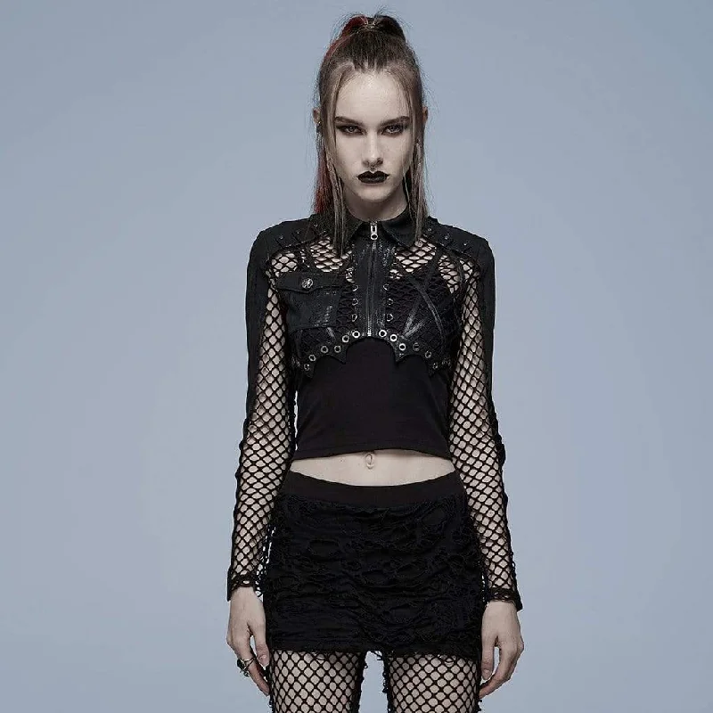 Women's Punk Turn-down Collar Mesh Splice Long Sleeved Crop Top