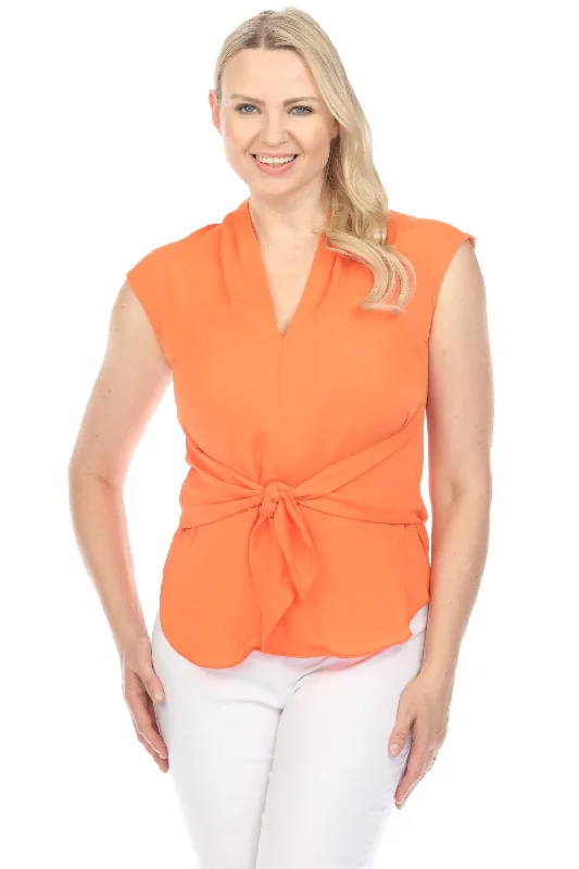 Joseph Ribkoff Mandarin Tie Front V-Neck Cap Sleeve Top 241216