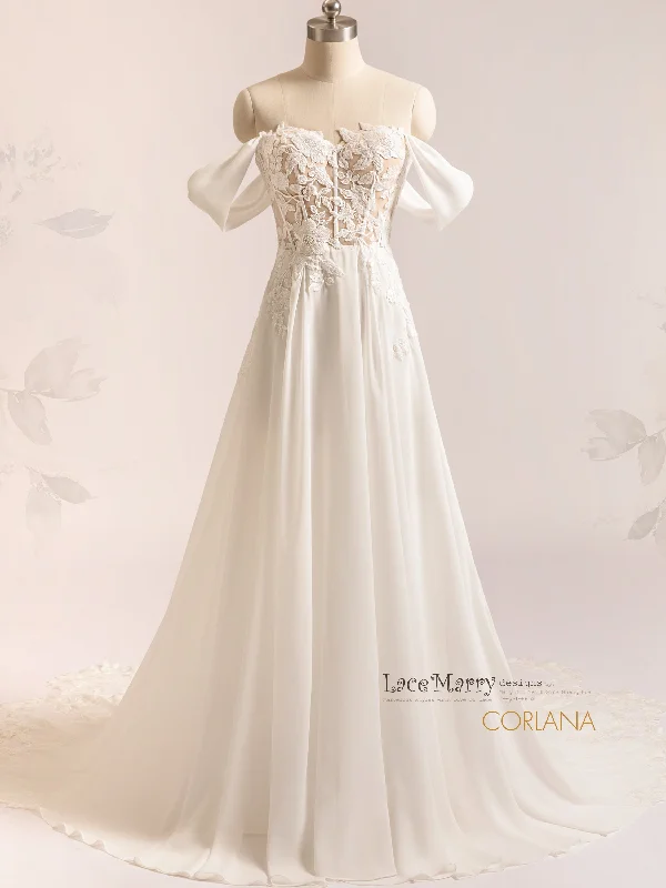 CORLANA / A Line Chiffon Wedding Dress with Floral Bodice