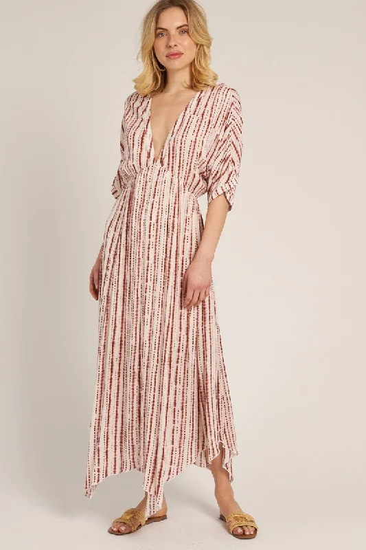 Rust Printed Deep V-Neck Midi Dress