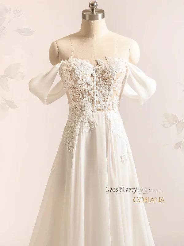 CORLANA / Simple Chiffon Wedding Dress with Off Shoulder Straps