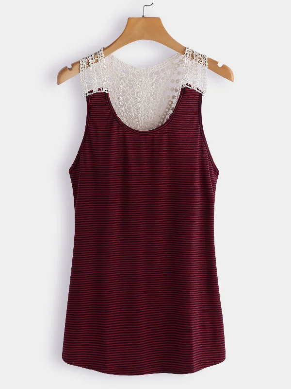 Custom Round Neck Stripe Lace Sleeveless Burgundy Camis