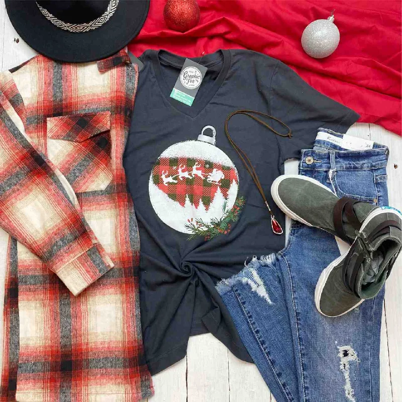 Plaid Ornament Charcoal V Neck Tee