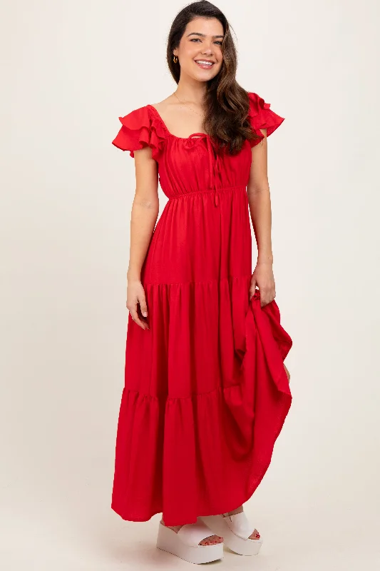 Red Layered Flutter Sleeve Tiered Maxi Dress