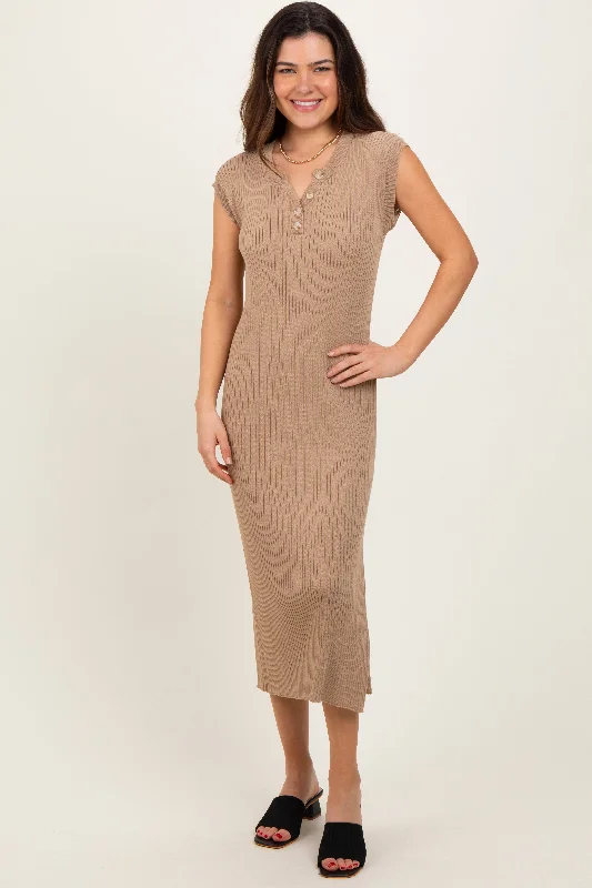 Mocha Ribbed Knit Button Up Sleeveless Midi Dress