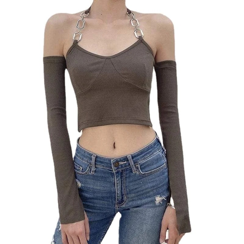 Women's Punk Off Shoulder Chain Crop Top