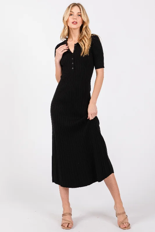 Black Ribbed Knit Button Up Midi Dress