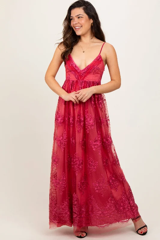 Red Floral Lace Overlay Maxi Dress