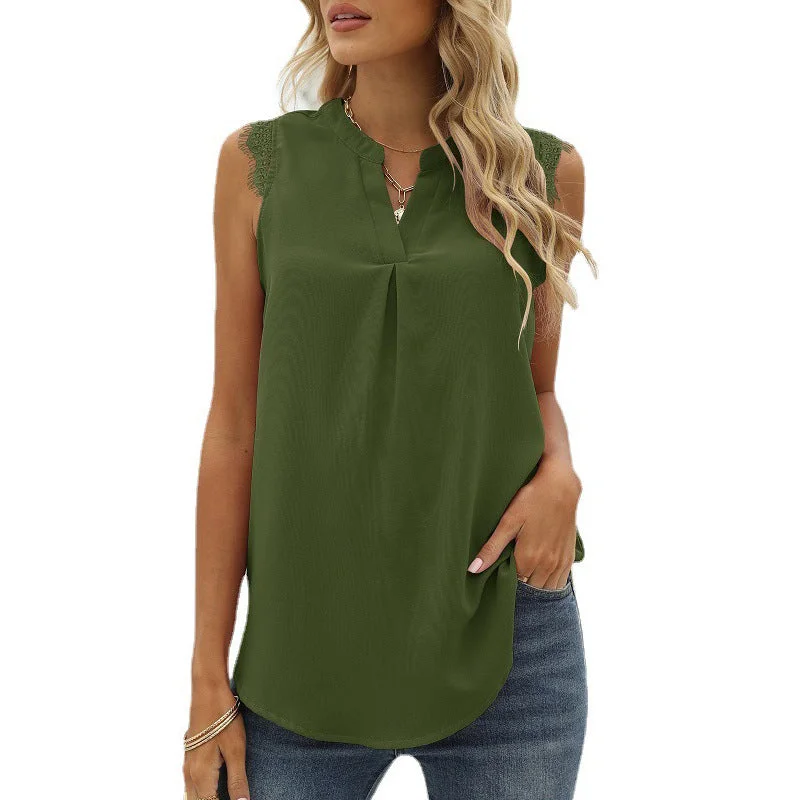 Sleeveless Loose V-Neck Lace Wholesale Tank Tops Solid Color Chiffon Shirt