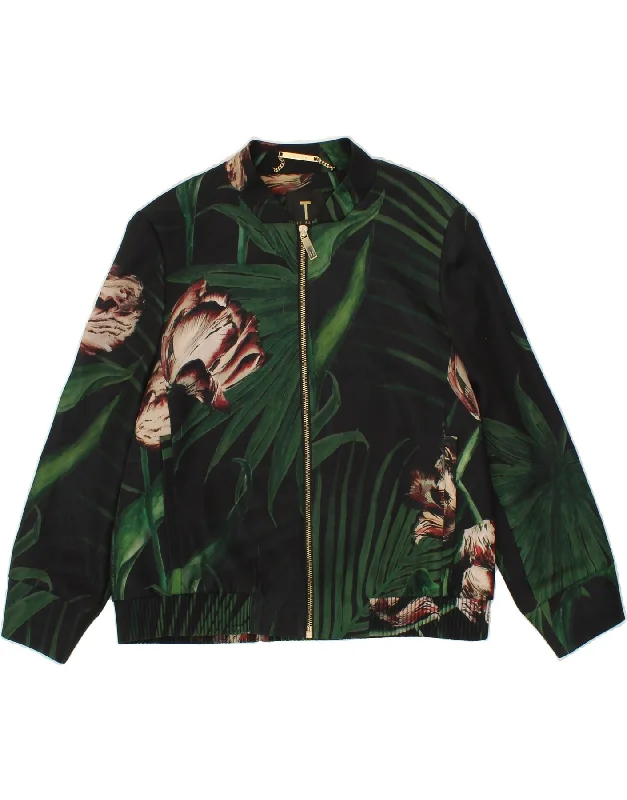 TED BAKER Womens Bomber Jacket Size 3 Medium Black Floral Polyester