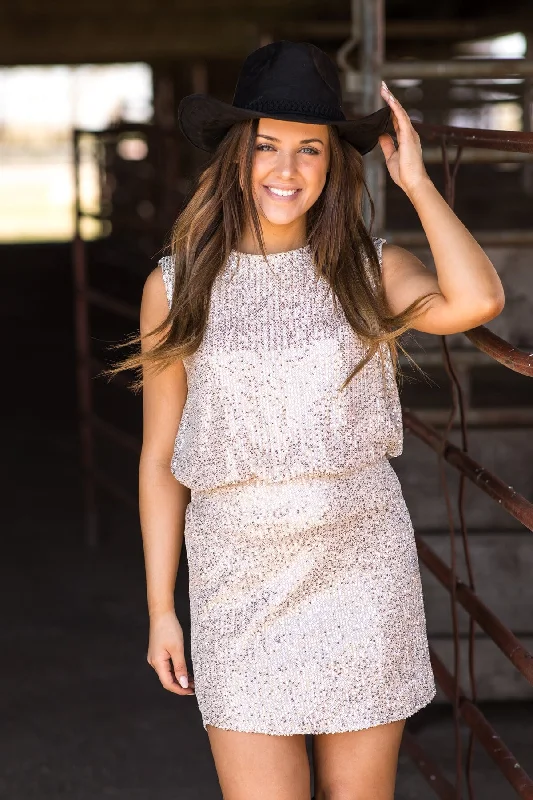 Beige With Silver Sequin Tank and Skirt Set