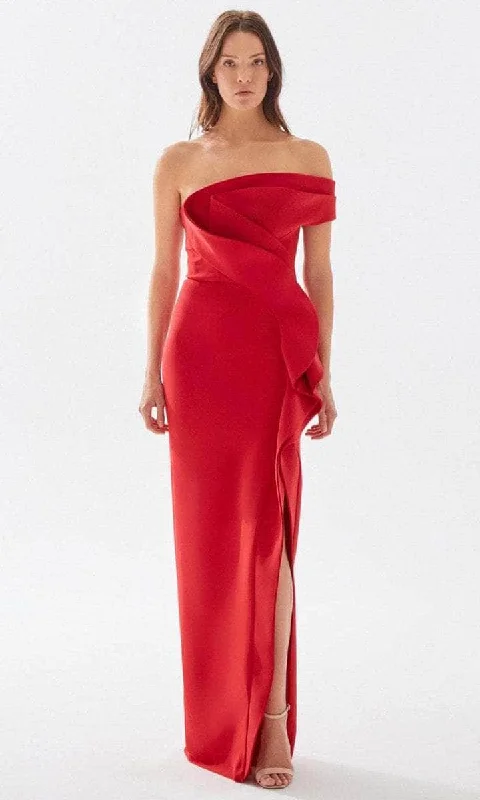 Tarik Ediz - Off Shoulder Ruffled Prom Dress 52029 - 1 pc Red In Size 2 Available