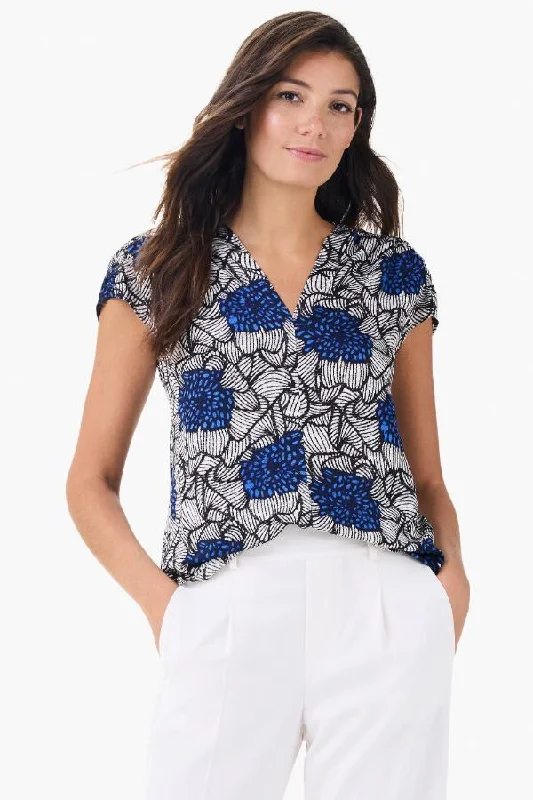 NIC+ZOE Blue/Multi Petal Bloom V-Neck Cap Sleeve Top M241662