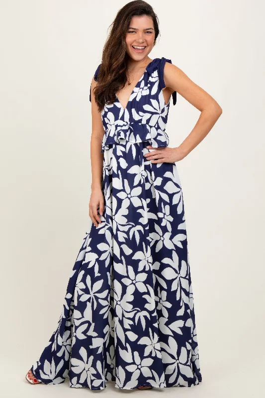 Navy Floral Deep V-Neck Shoulder Tie Maxi Dress