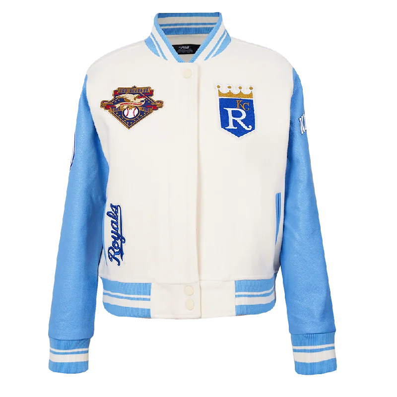 MLB KANSAS CITY ROYALS RETRO CLASSIC WOMEN'S RIB WOOL VARSITY JACKET (EGGSHELL/ UNIVERSITY BLUE)