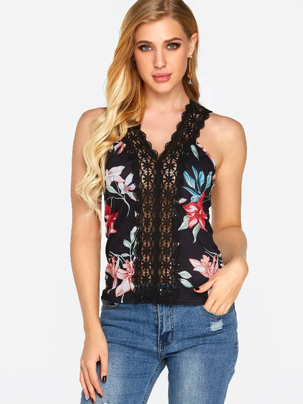 Custom V-Neck Floral Print Spaghetti Strap Sleeveless Camis