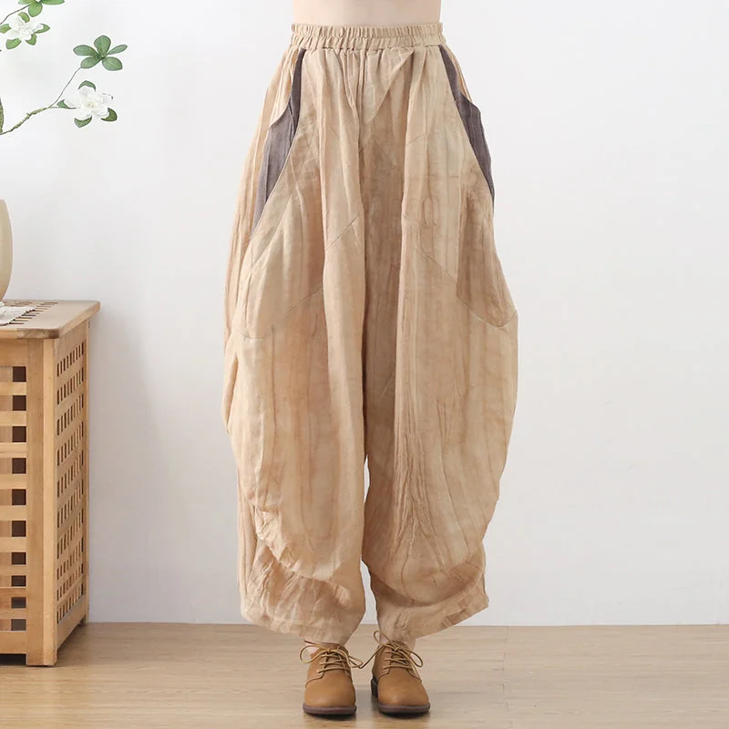 Women Loose Crinkled Color Block Linen Pants