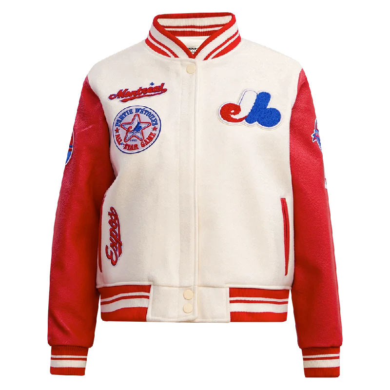 MLB MONTREAL EXPOS RETRO CLASSIC WOMEN'S RIB WOOL VARSITY JACKET (EGGSHELL/ RED)