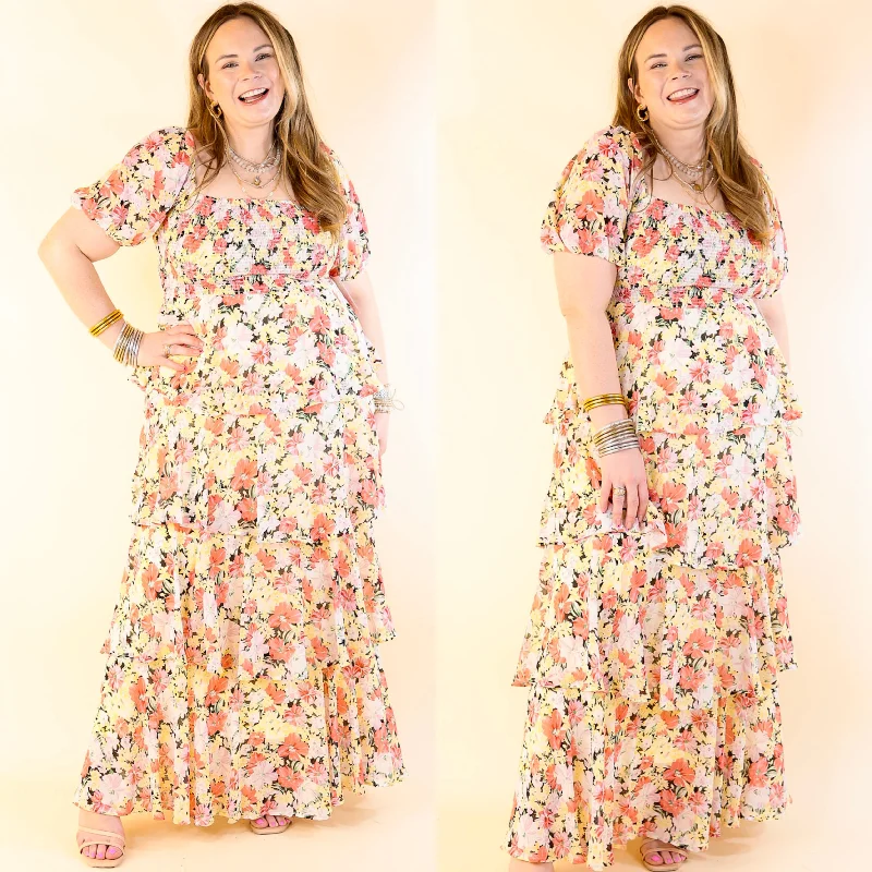 Fun Feeling Floral Tiered Maxi Dress with Smocked Balloon Sleeves in Yellow Mix