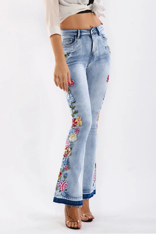 TastyHottie - Embroidery Flared Denim Pants