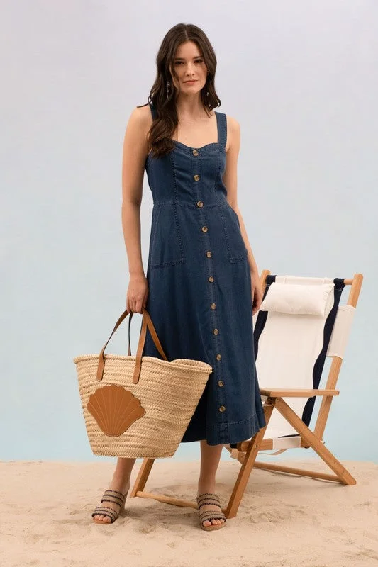 DANNIE DARK CHAMBRAY BUTTON DOWN SLEEVELESS MAXI DRESS