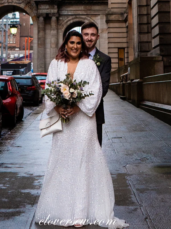 White Sequin Long Sleeves V-neck Boho Wedding Dresses, CW0246