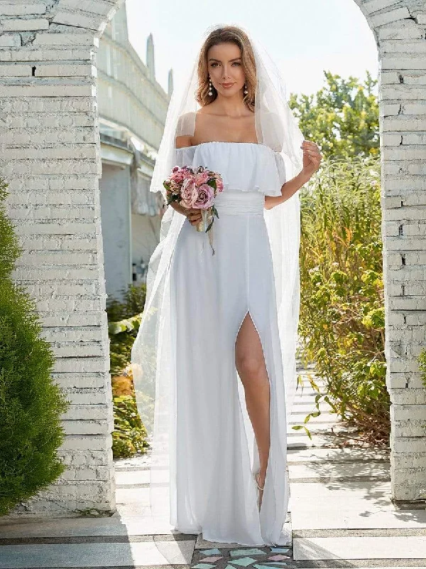 Plain Off Shoulder Wholesale Chiffon Wedding Dress with Side Split