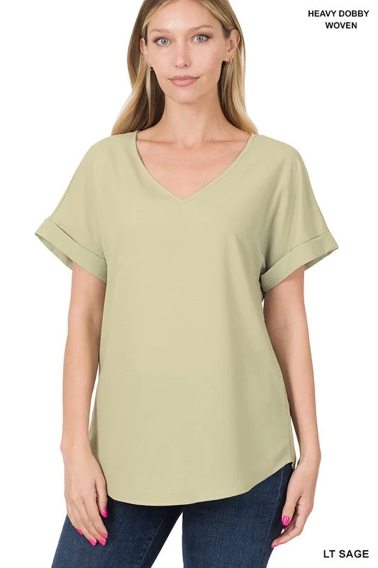 WOVEN HEAVY DOBBY ROLLED SLEEVE V-NECK TOP