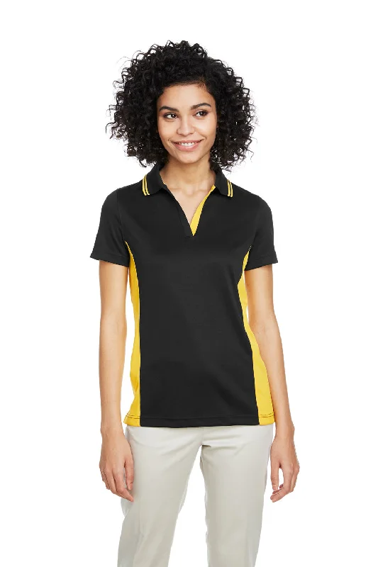 Harriton Womens Flash Performance Moisture Wicking Colorblock Short Sleeve Polo Shirt - Black/Sunray Yellow