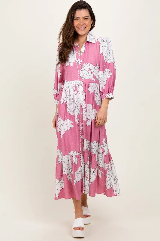 Pink Floral Print Cinched Tie Waist Shirt Dress