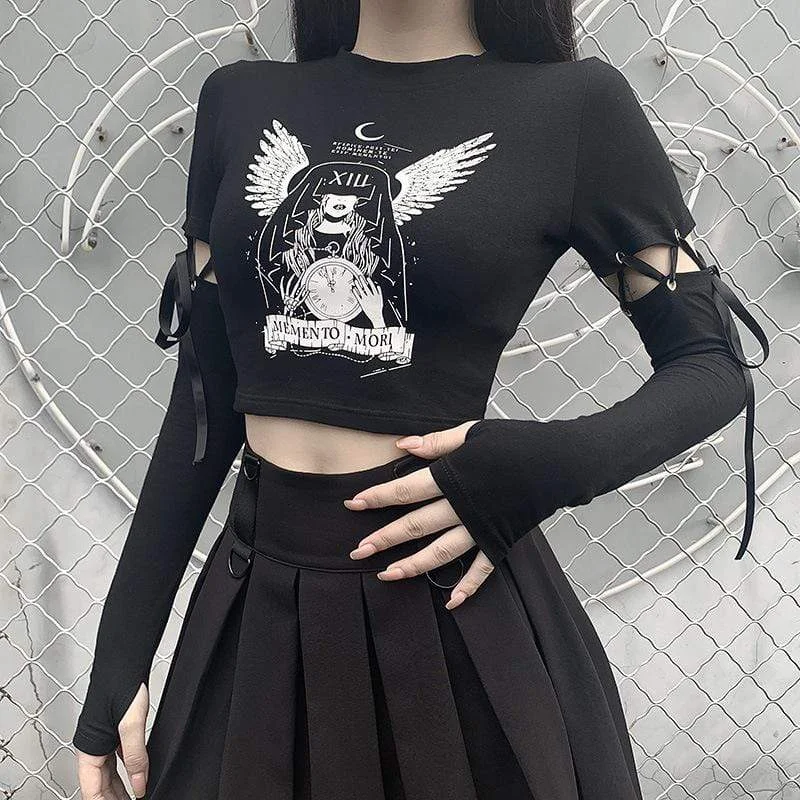 Women's Grunge Cartoon Printed Strappy Black Crop Tops