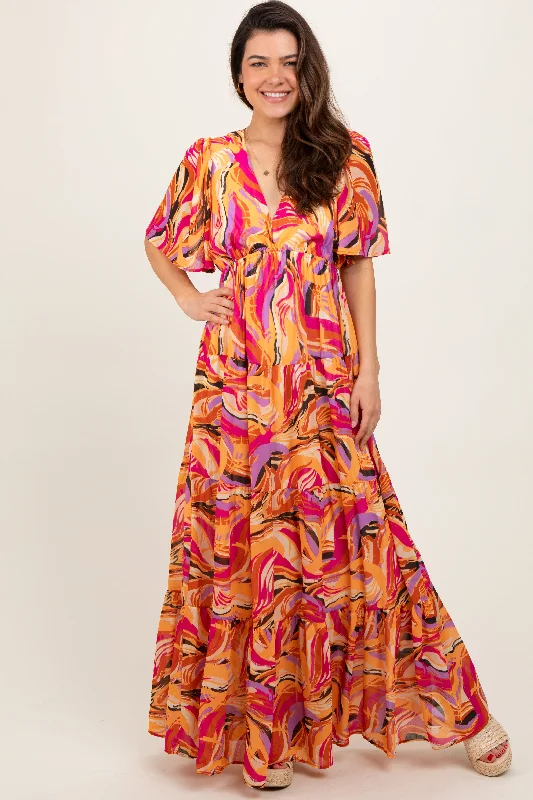 Magenta Brushstroke Print Tiered Maxi Dress