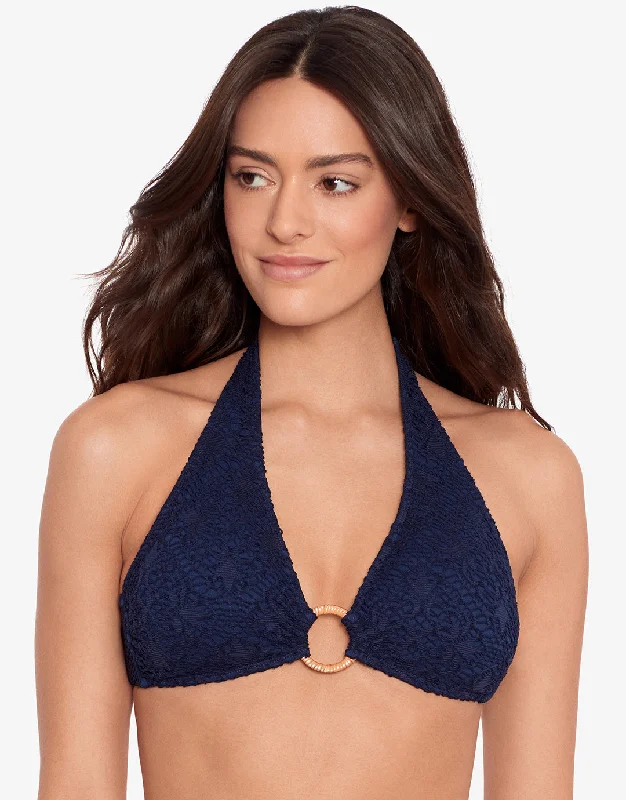 Crochet Rattan Ring Halter Bikini Top - Navy