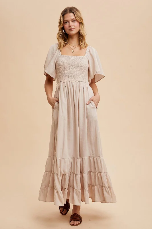 Cream Smocked Cotton Flutter Sleeve Maxi Dress