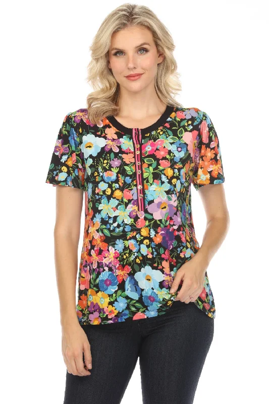 Johnny Was The Janie Wild Bloom Favorite Flutter Sleeve Henley Tee Boho Chic T17724