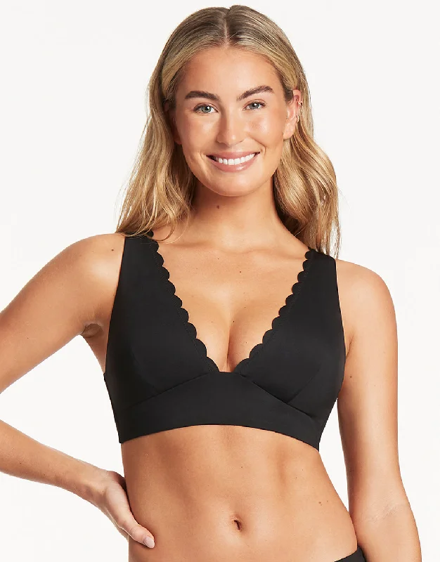 Scallop Longline Tri Bikini Top - Black