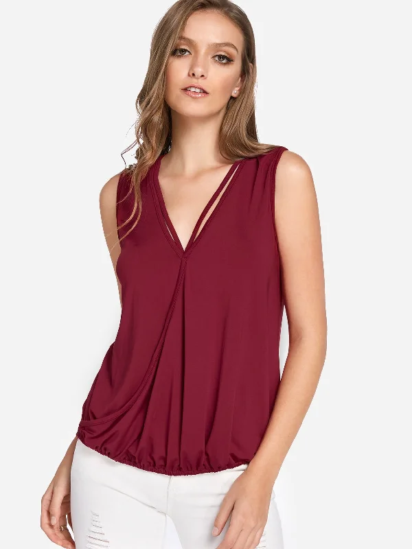 Custom V-Neck Plain Crossed Front Spaghetti Strap Sleeveless Burgundy Tank Top