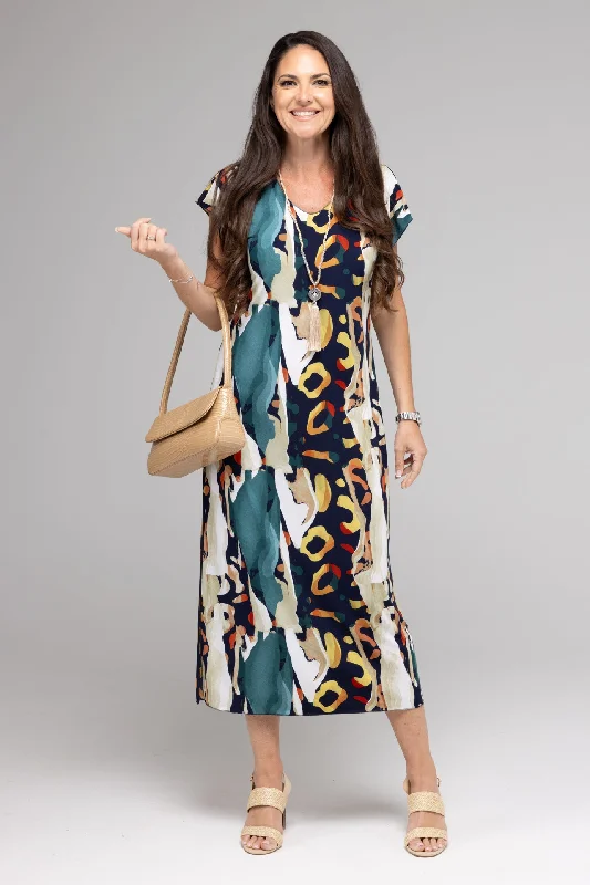 Scramble Print Short Sleeve Jersey Maxi Dress