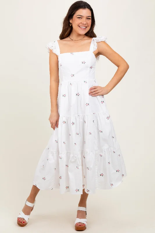 White Floral Embroidered Tiered Midi Dress