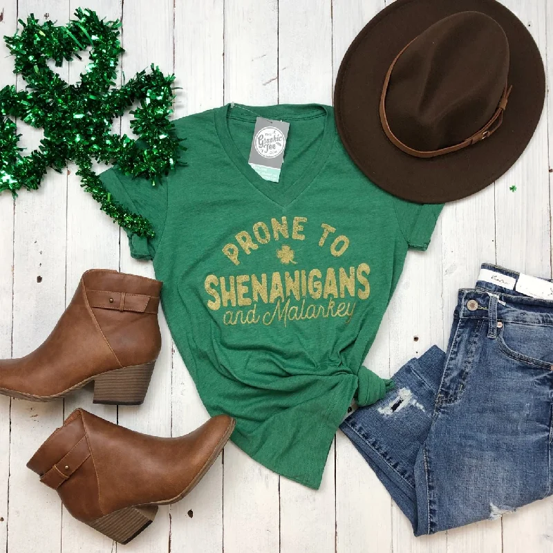 Prone To Shenanigans And Malarkey Heather Green V Neck Graphic Tee