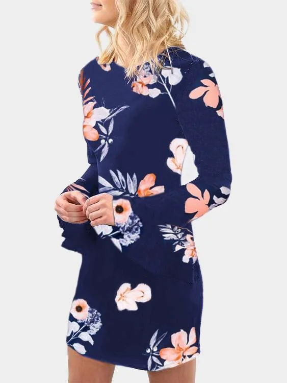 Wholesale Navy Long Sleeve Round Neck Floral Print Mini Dresses