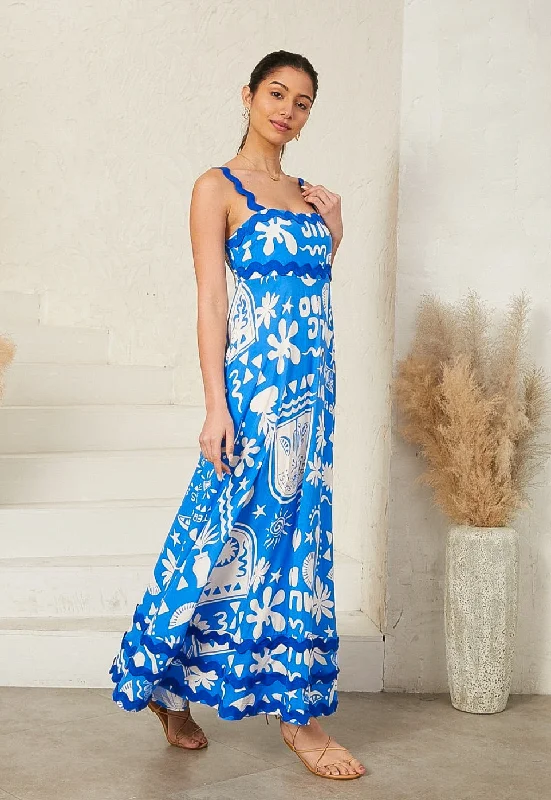 Summer Tequiila Blue/White  Ric Rac Maxi Dress